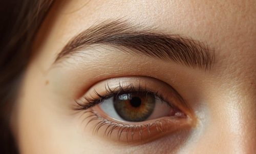 Close-up of a woman's eye showing healthy eyebrows after hair transplant.